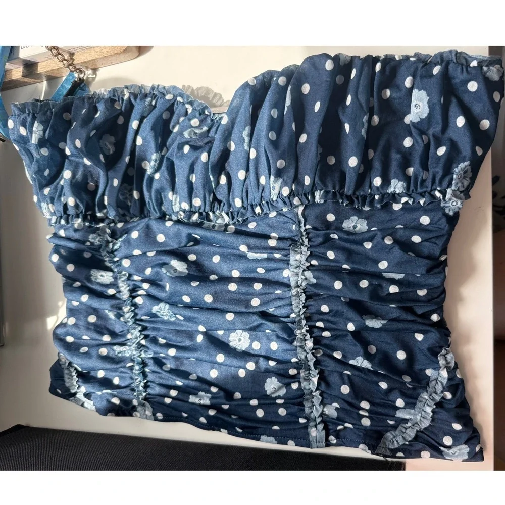 Free People Tube Top Navy Blue White Polka Dot Ruched Ruffle Fitted Large